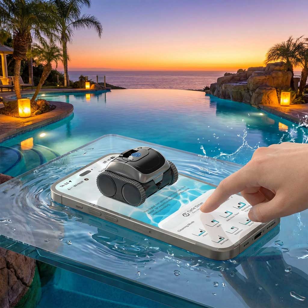 Ein Roboter-Poolreiniger auf einem Smartphone-Bildschirm in einem Schwimmbad.