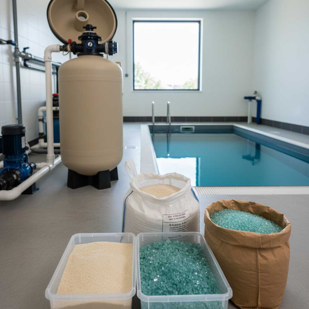 Innenpool mit Wasserfiltersystem, Medien und Pool; Geräte zur Aufrechterhaltung der Wasserqualität.
