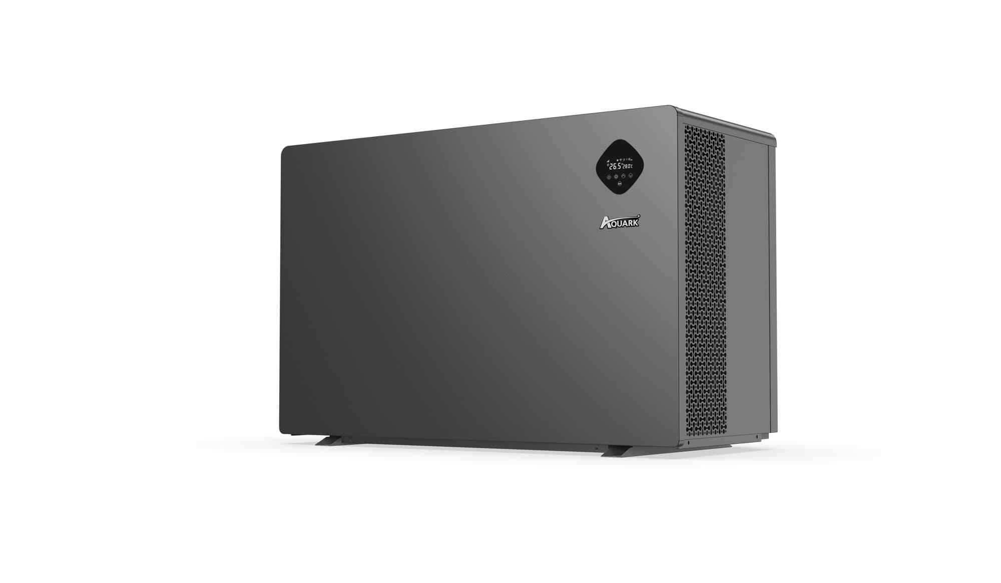 Bild einer grauen Aquark-Wärmepumpe, die für eine effiziente Poolwassererwärmung und Temperaturregelung entwickelt wurde.