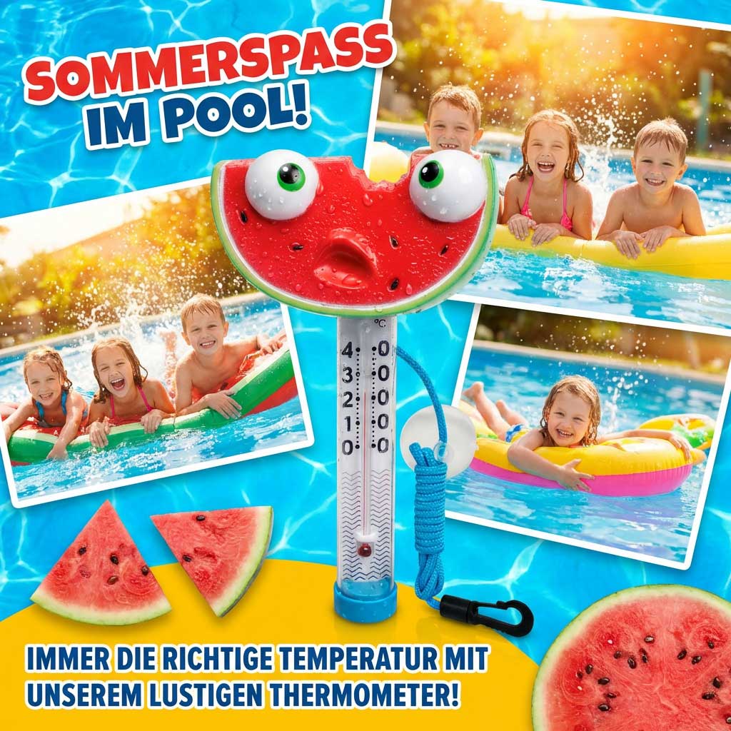 Buntes Thermometer in Form einer Wassermelone zur Messung der Pooltemperatur.
