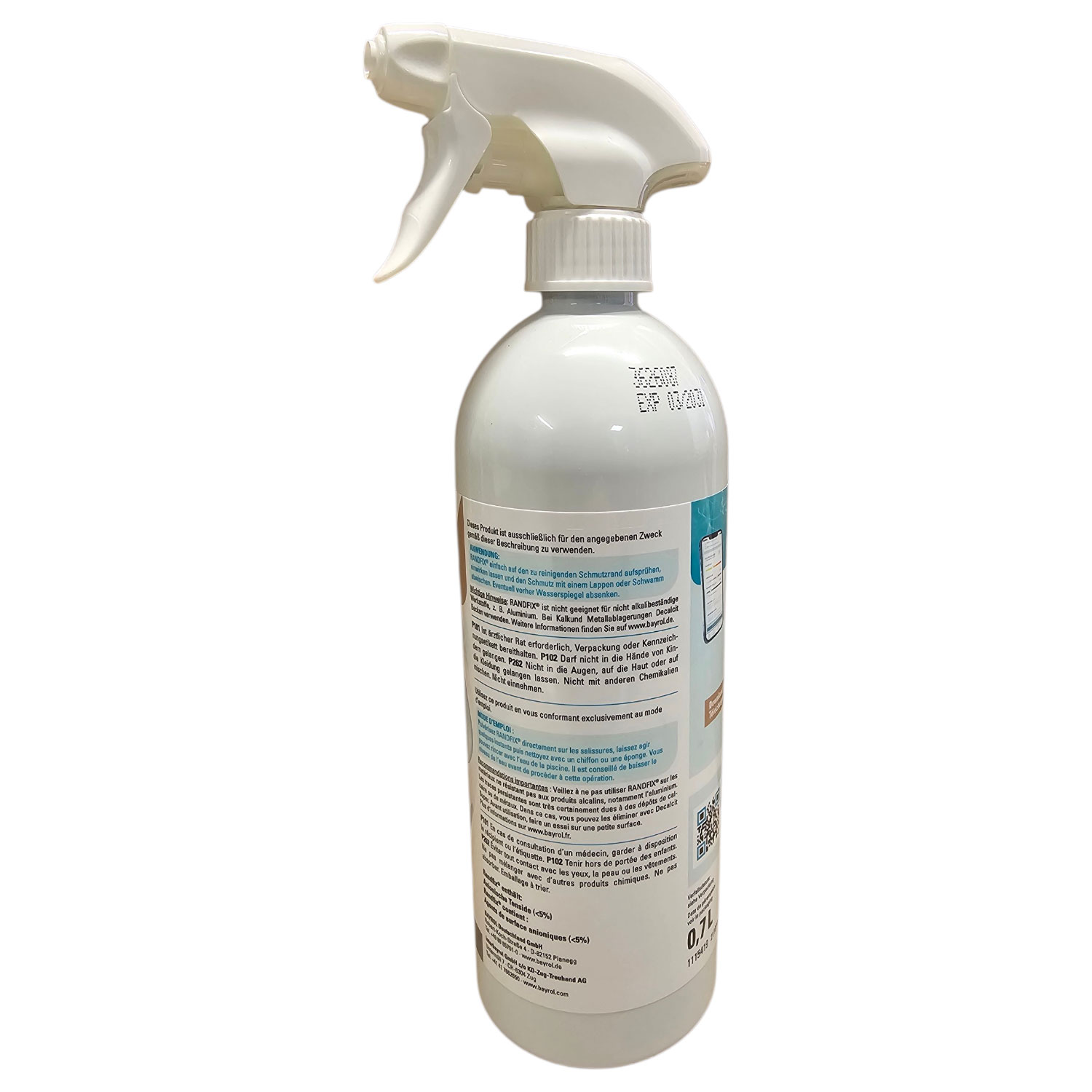 Sprühflasche mit Sprühdüse und Produktinformationsetikett.
