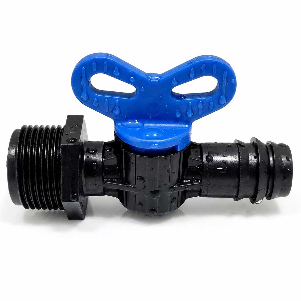 Schwarzes Kunststoffventil mit blauem Griff zur Wasserkontrolle.