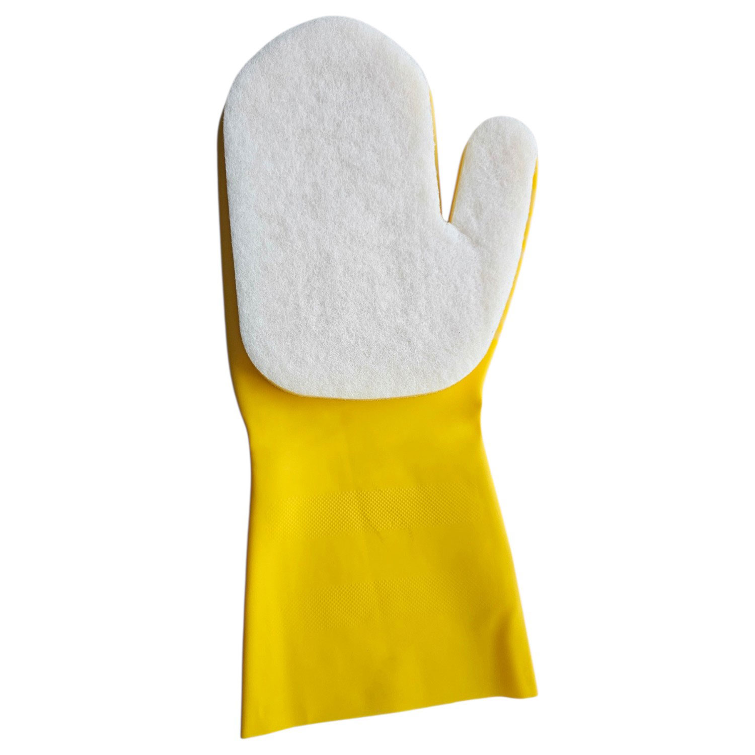 Ein gelber Gummi-Reinigungshandschuh mit einem weißen Scheuerschwamm im Handflächenbereich.