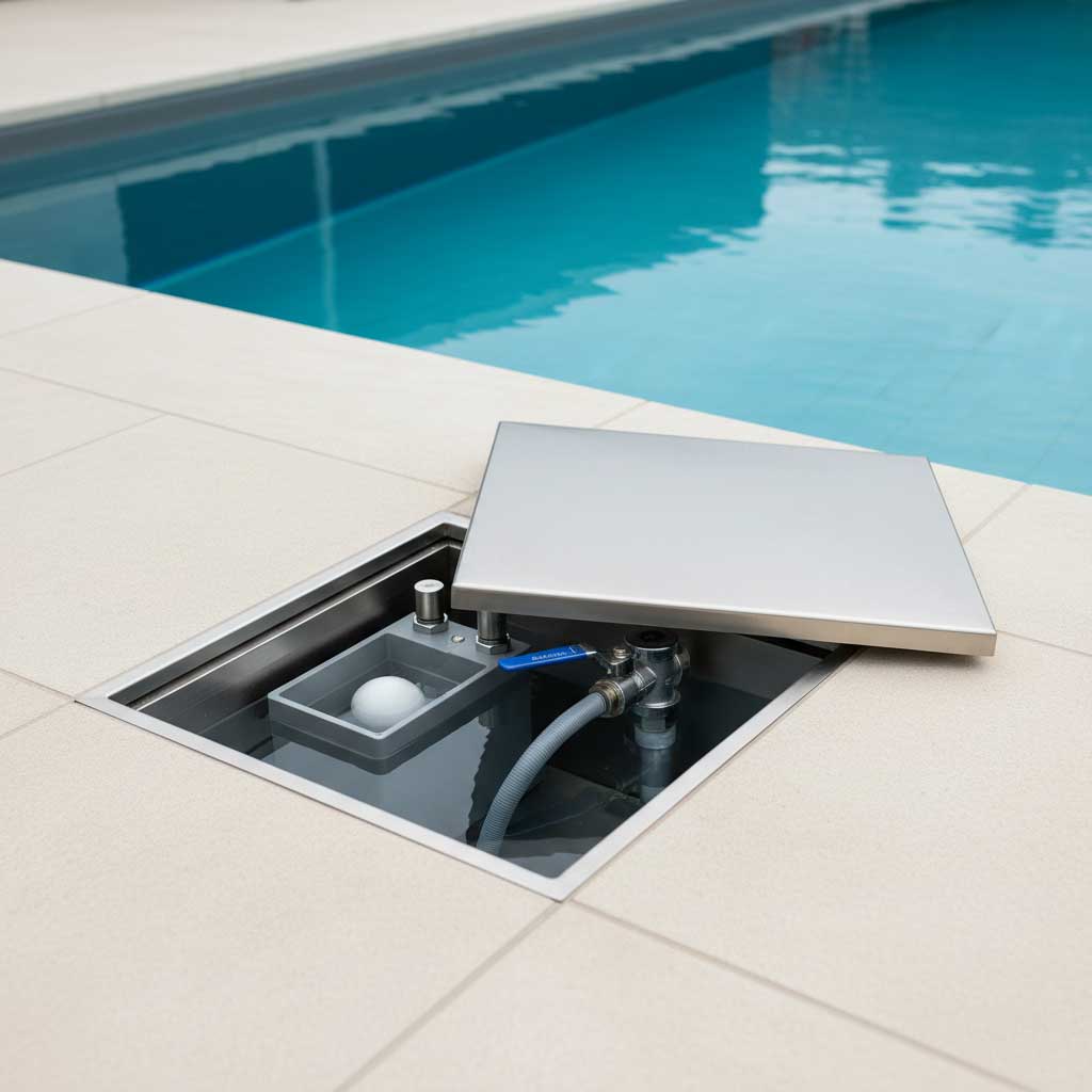 Blick vom Pool auf ein in den Boden eingelassenes Gewölbe mit einer Zugangsklappe aus Edelstahl, wodurch Sanitärkomponenten freigelegt werden.