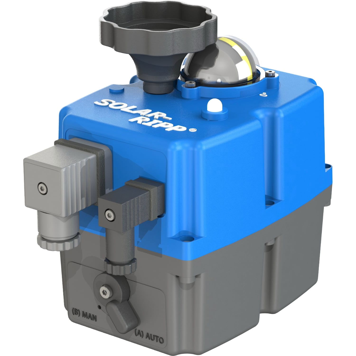Elektronisches Solar Ripp-Gerät mit grauem Hand-/Automatikschalter, grauem Griff und blauem Gehäuse.