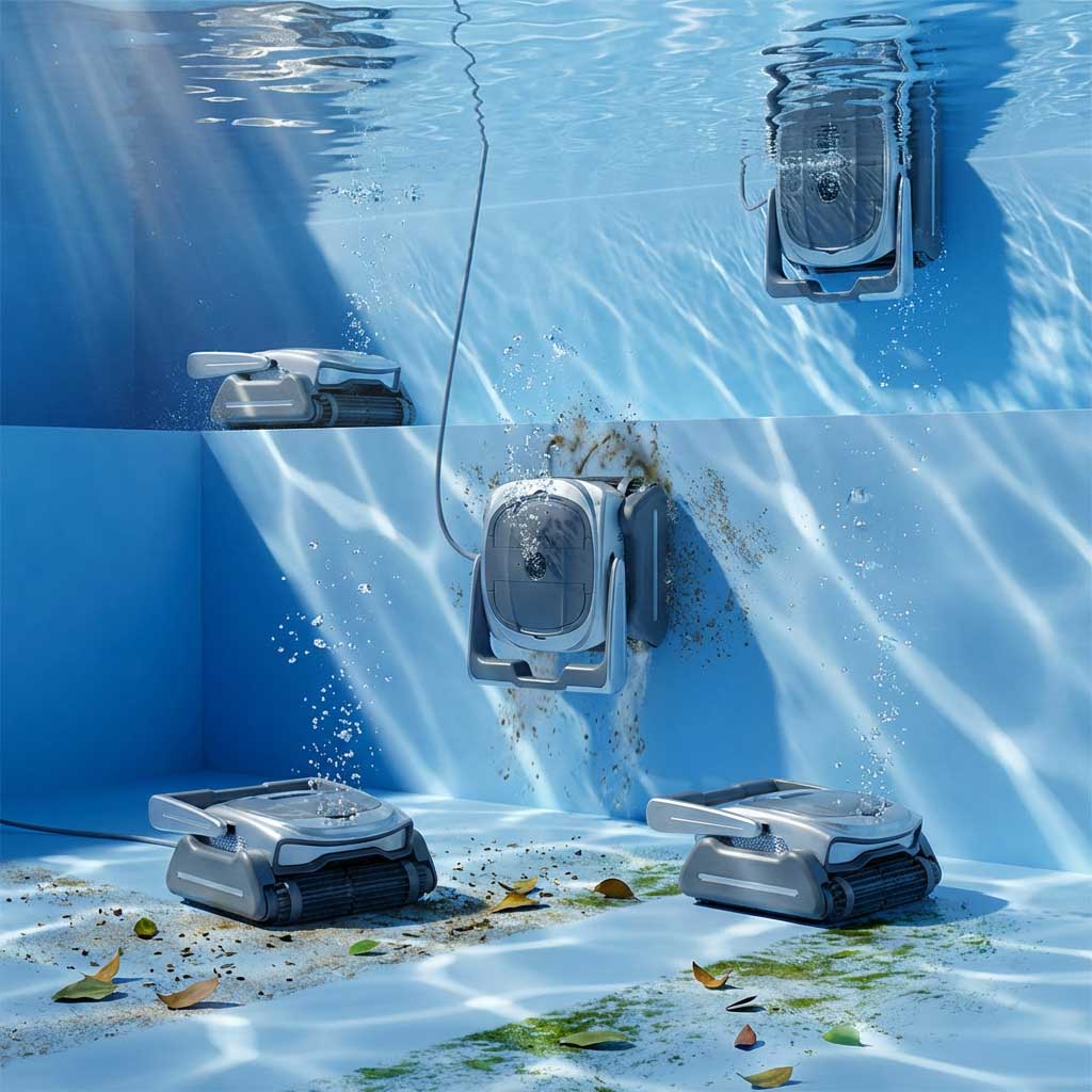 Vier Roboter-Poolreiniger, die unter Wasser arbeiten und die automatisierte Poolwartung demonstrieren.