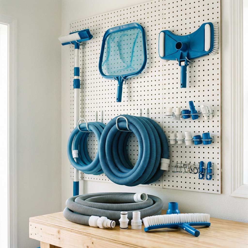 Pool-Reinigungsausrüstung einschließlich Skimmer, Bürste, Schläuche und Anschlüsse, organisiert auf einem Steckbrett.