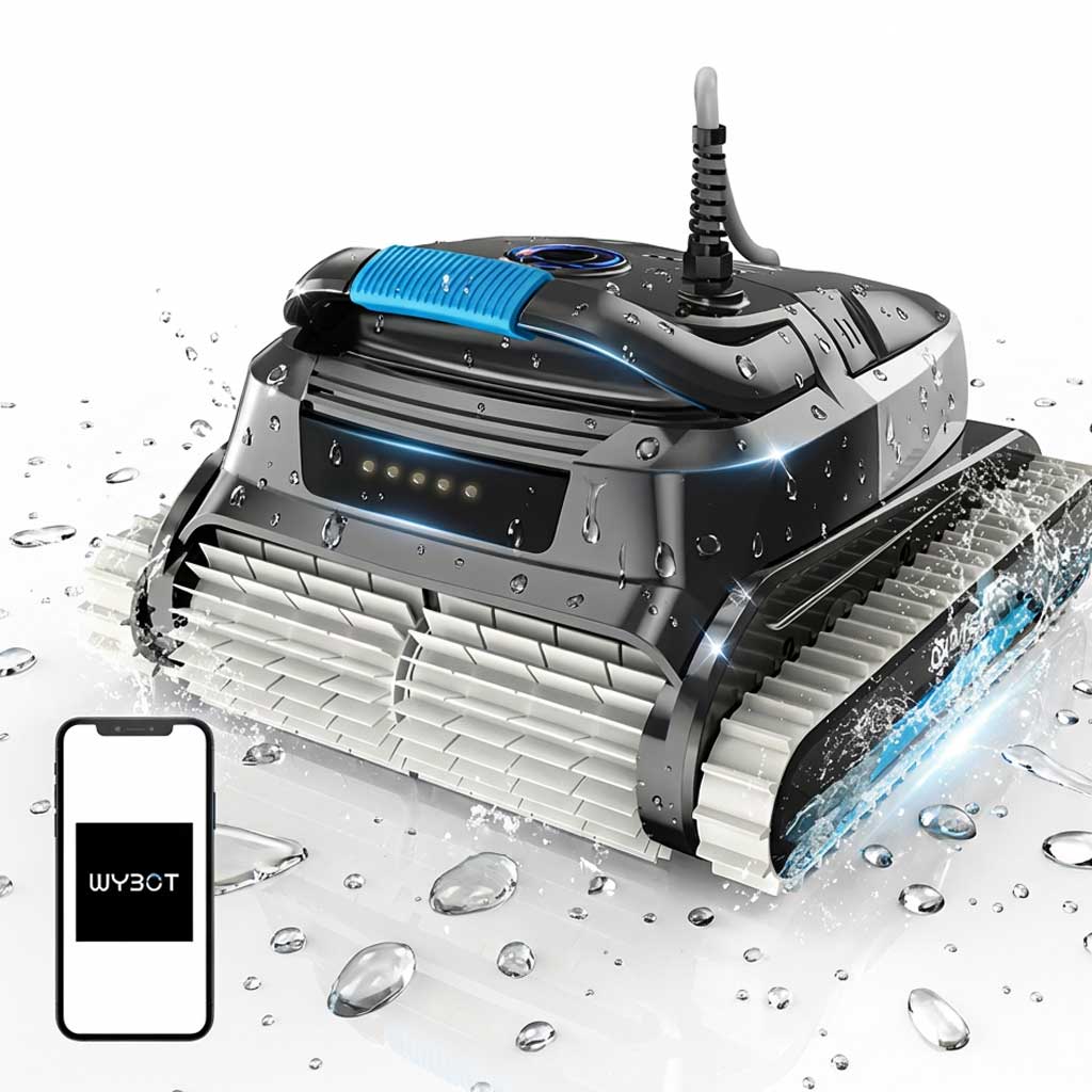 Roboter-Poolreiniger mit Wasserspritzern und einem Smartphone in der Nähe.