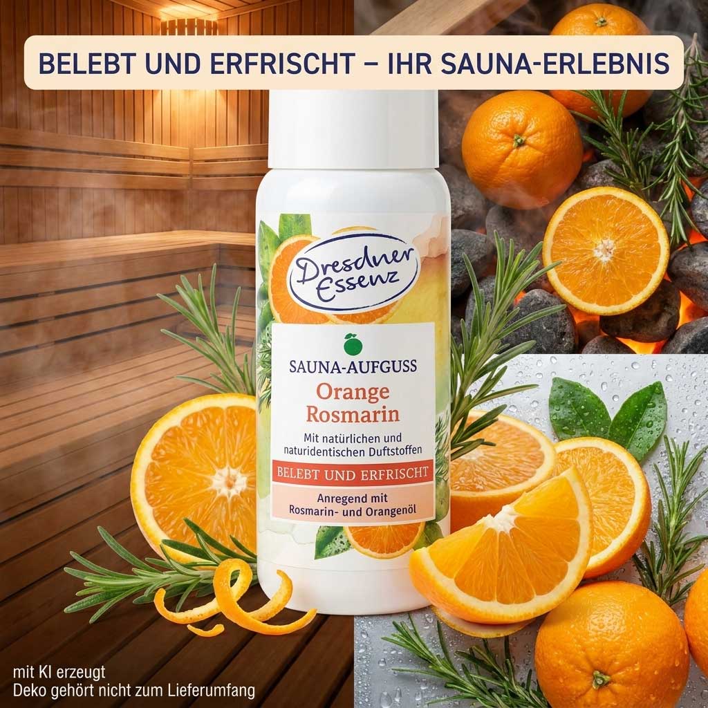 Eine weiße Flasche Saunaaufgusskonzentrat mit Orangen- und Rosmarinduftetiketten.