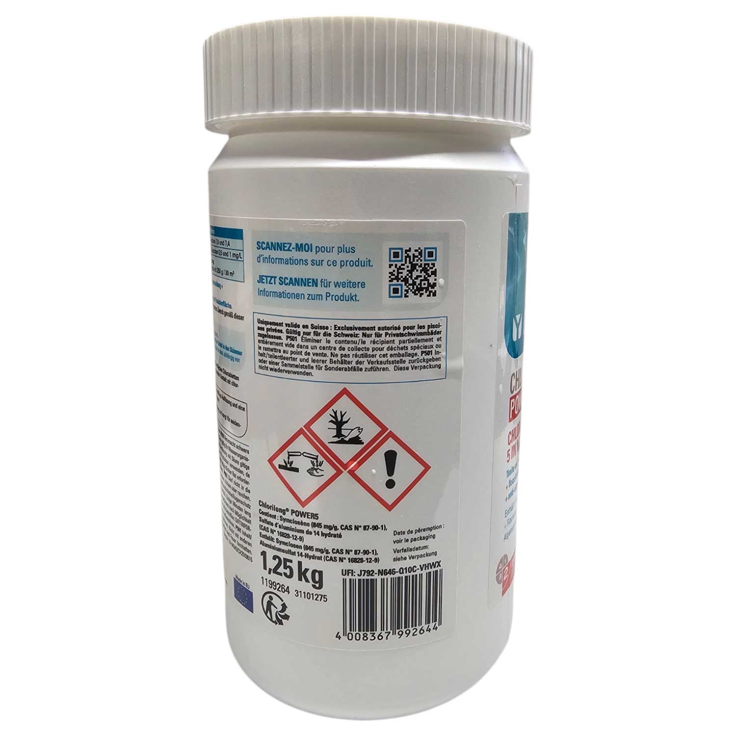 Behälter für Poolreinigungsmittel, 1,25 kg, mit Sicherheitshinweisen.