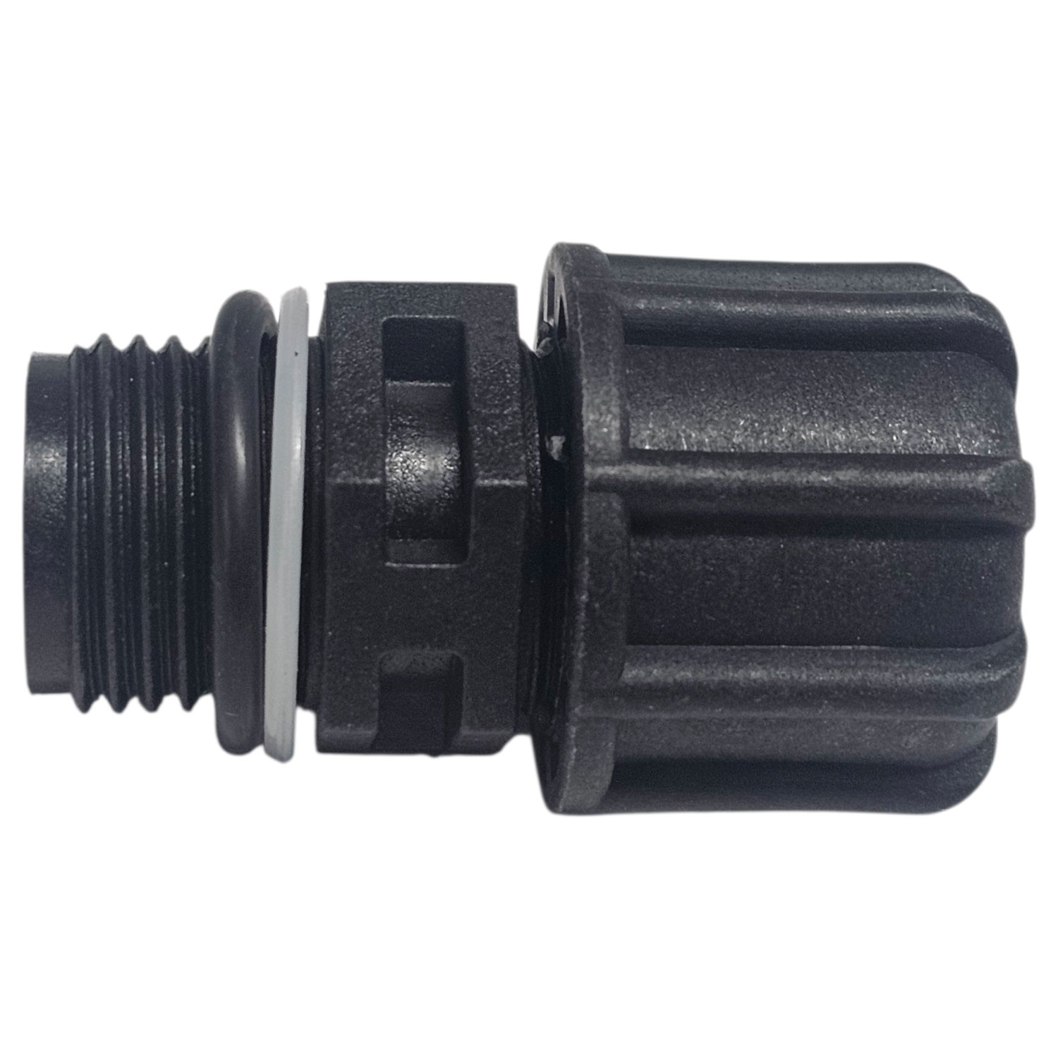 Schwarzer Kunststoffanschluss mit Gewindeende und Gummi-O-Ring zur Abdichtung.