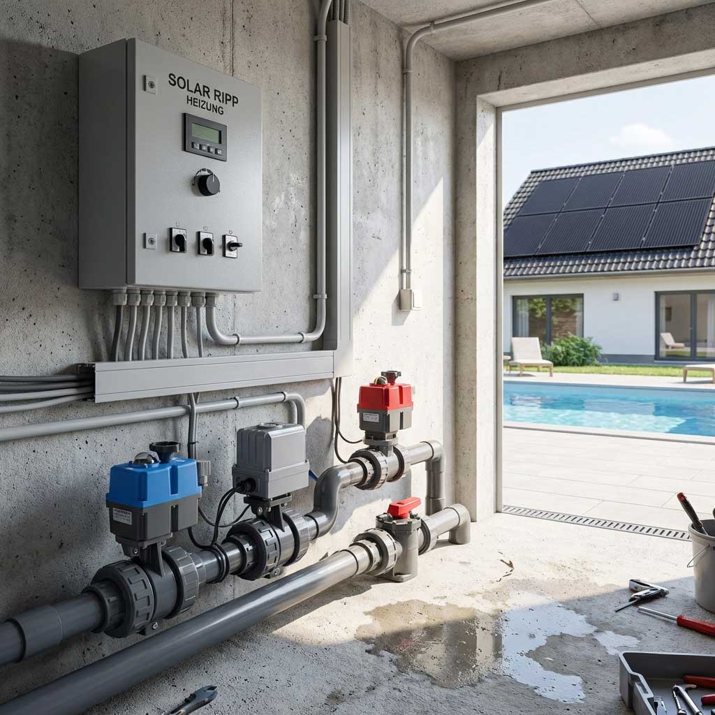 Das Bild zeigt ein Solar-Poolheizungssystem mit Bedienfeld, Rohren und motorisierten Ventilen.