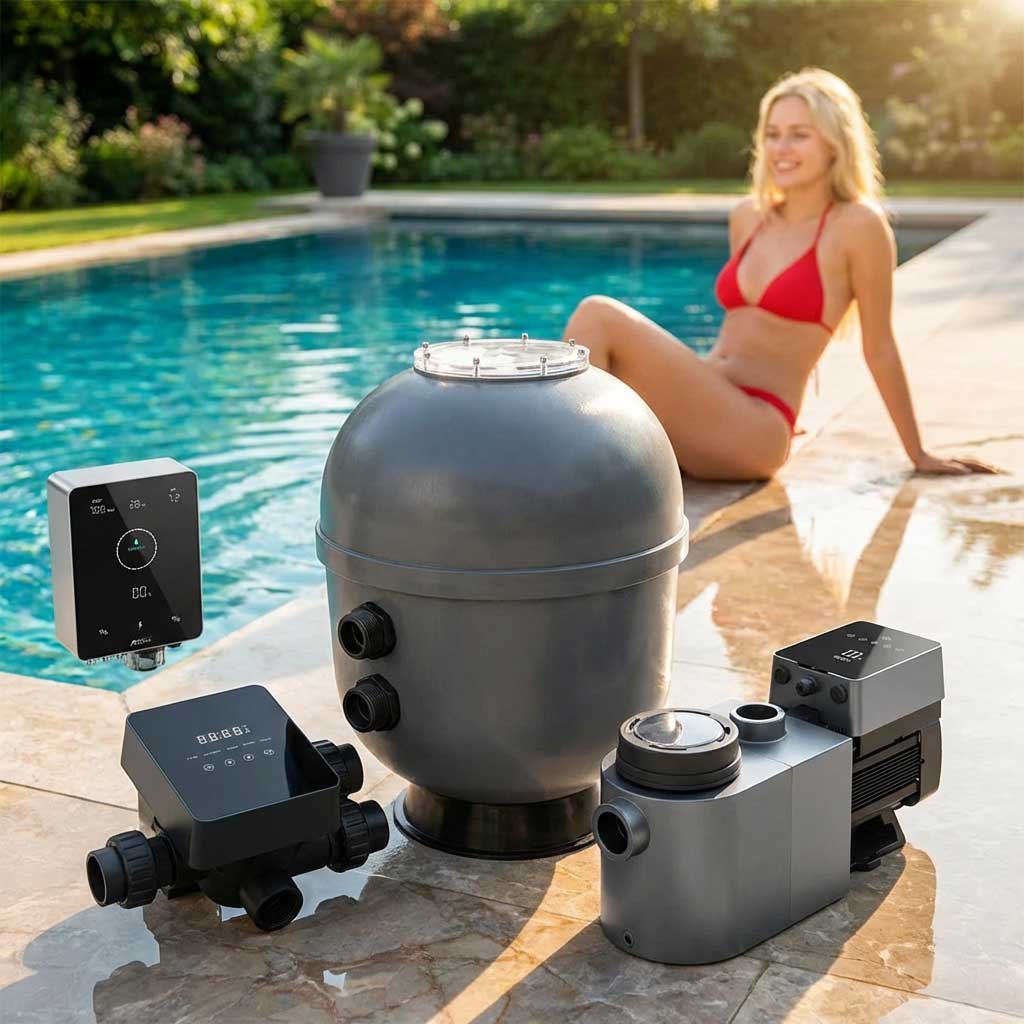 Pumpe und Filterausrüstung am Pool neben einem Schwimmer.