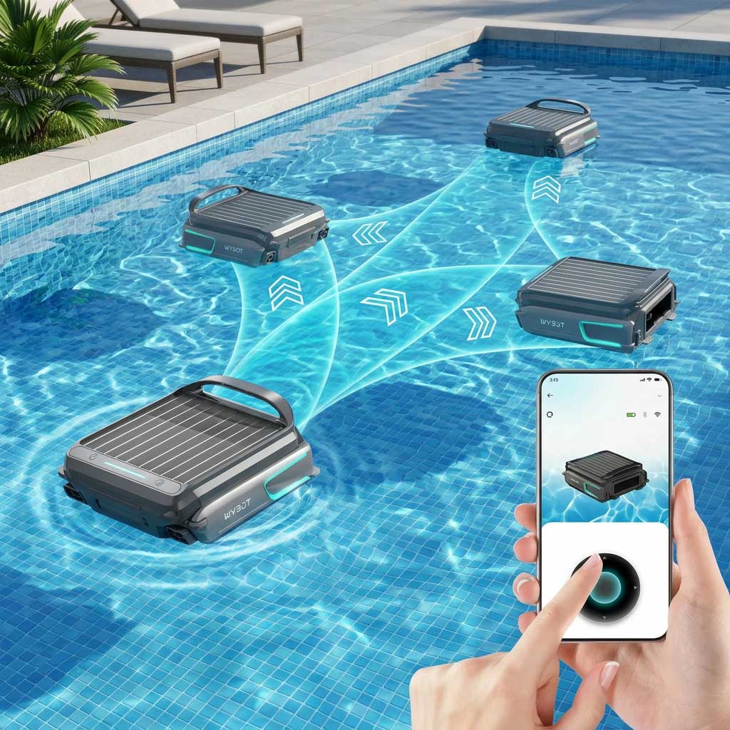 Roboter-Poolreiniger navigieren per Smartphone-App durch einen Pool.