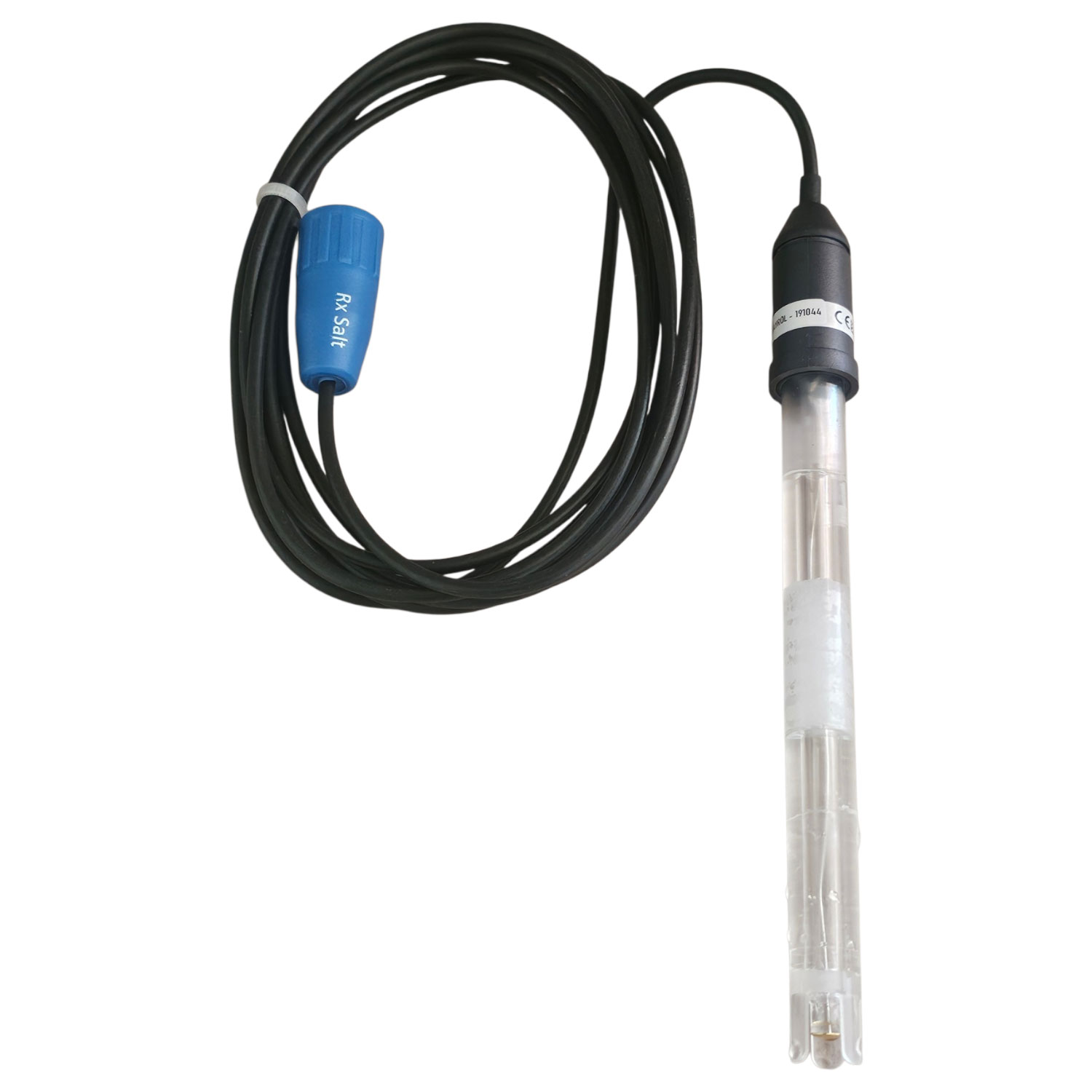 Eine Poolwasser-Redox-Sensorsonde mit schwarzem Kabel und blauem Stecker auf weißem Hintergrund.