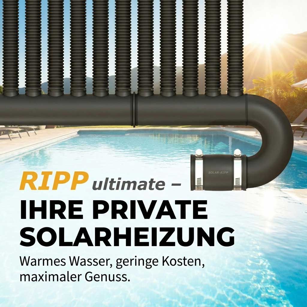 Solar-Poolheizungssystem bestehend aus parallelen Rohren, die an die Poolwasserzirkulation angeschlossen sind.