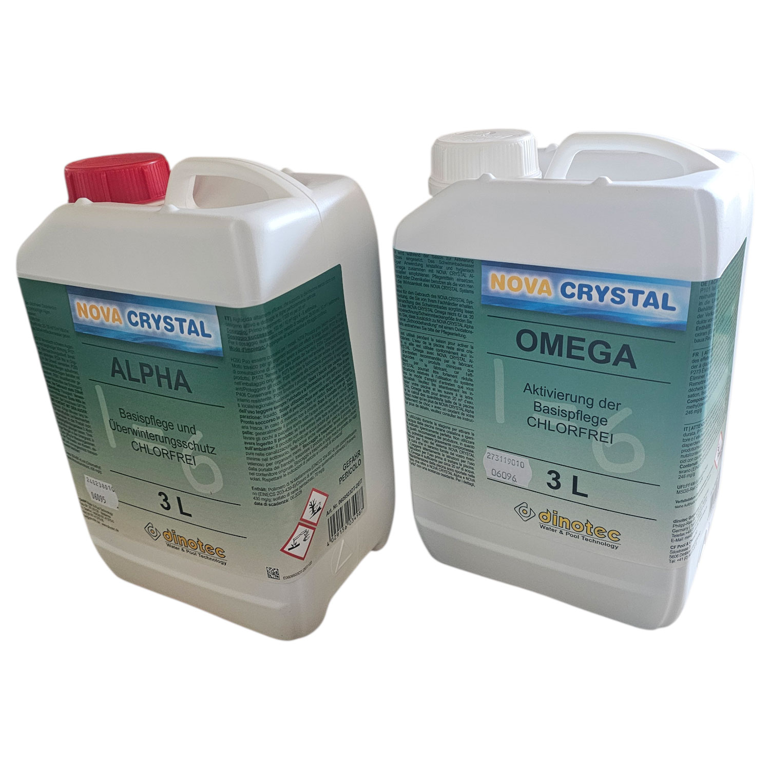 Zwei 3-Liter-Behälter mit Dinotec-Poolpflegeprodukten, Nova Crystal Alpha und Omega, chlorfrei.