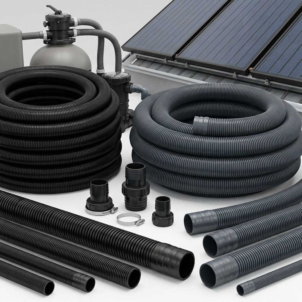 Das Bild zeigt verschiedene Poolschläuche, Anschlüsse, Klemmen, einen Filter und Solarheizpaneele.
