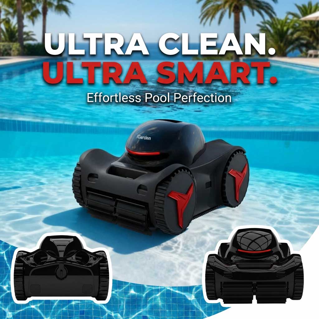 Schwarzer Pool-Reinigungsroboter in Wasser getaucht, nahe dem Beckenrand.