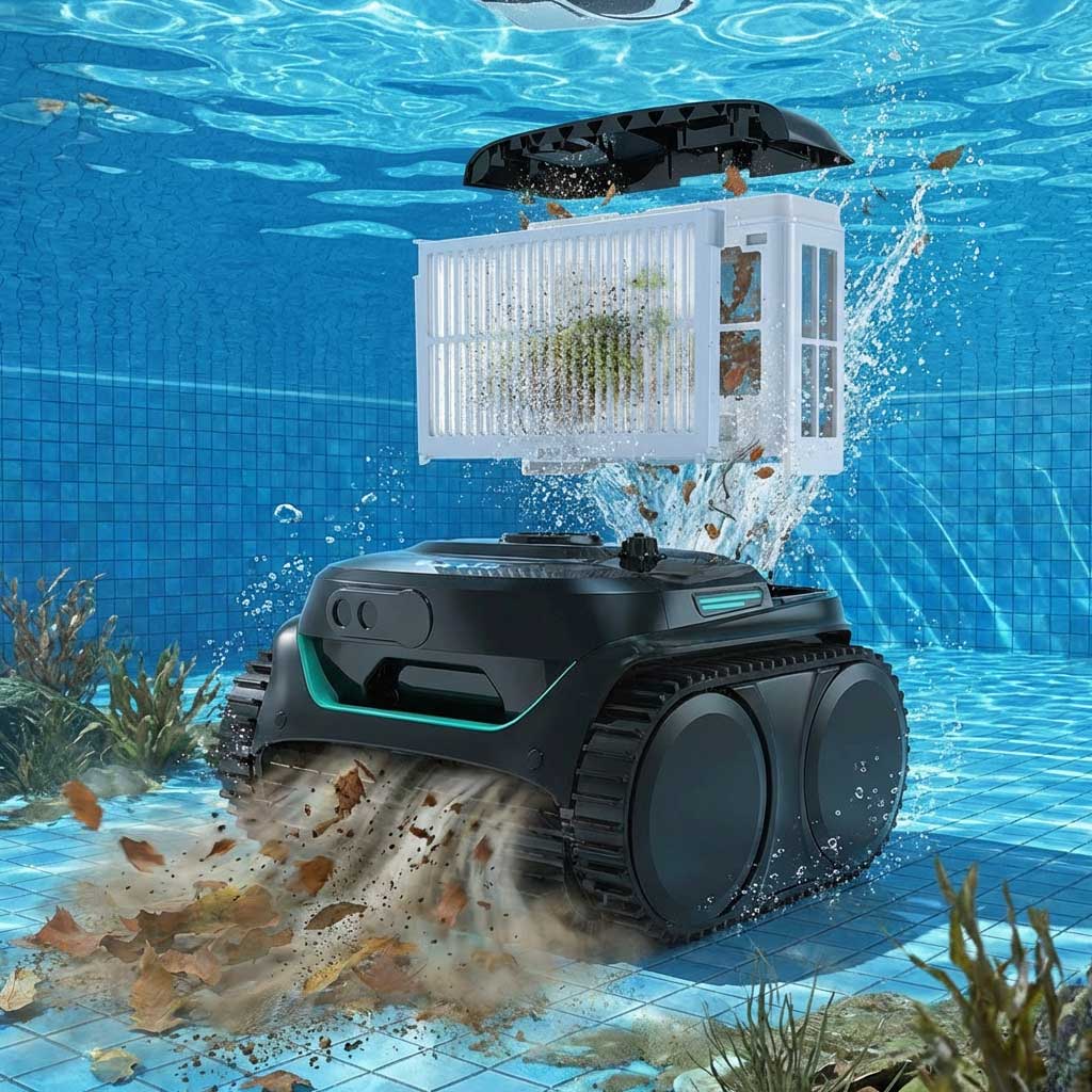 Roboter-Poolreiniger mit Filterkorb, der Schmutz vom Poolboden entfernt.