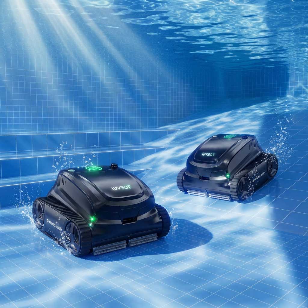 Zwei Roboter-Poolreiniger, die unter Wasser in einem Schwimmbad arbeiten.