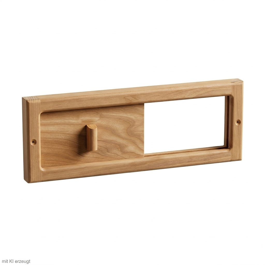 Eine rechteckige Lüftungsrutsche aus Holz mit einem Schiebepaneel und einem kleinen Griff.