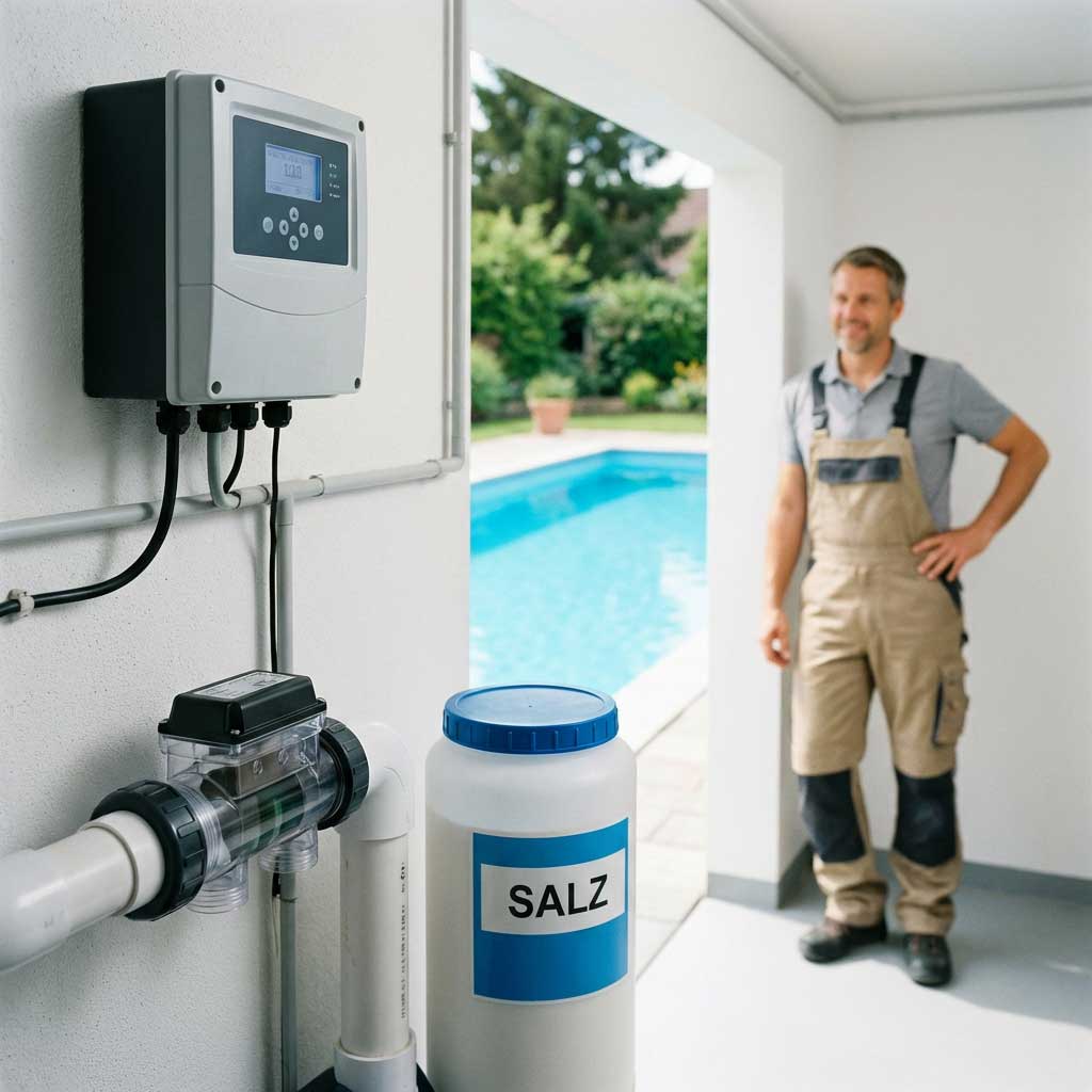 Poolsystem mit Bedienfeld, Salzbehälter und Durchflussmesser mit Blick auf den Pool.