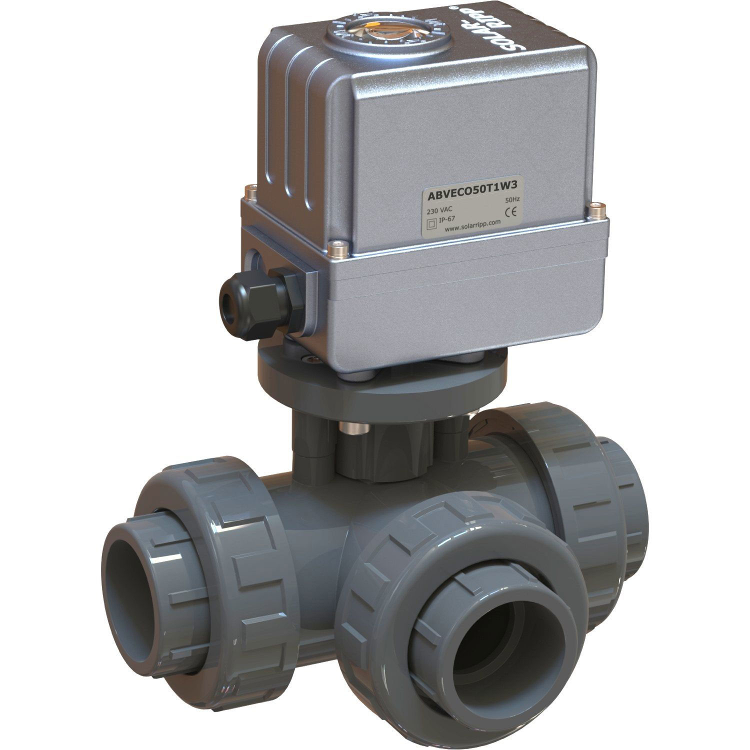 Graues Dreiwegeventil mit elektrischem Antrieb für automatisierte Flüssigkeitskontrollsysteme. PVC-Anschluss.