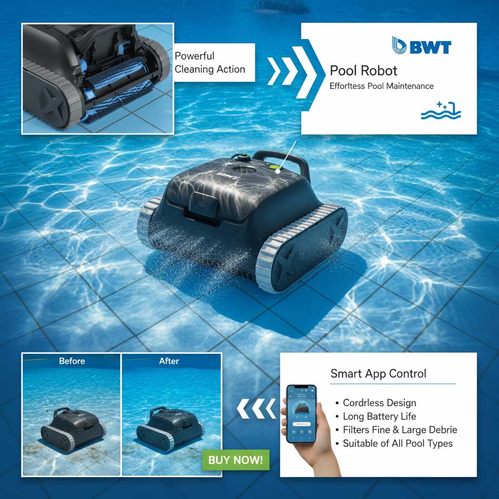 Autonomer Pool-Reinigungsroboter, der unter Wasser arbeitet, mit kabellosem Design und App-Steuerung.