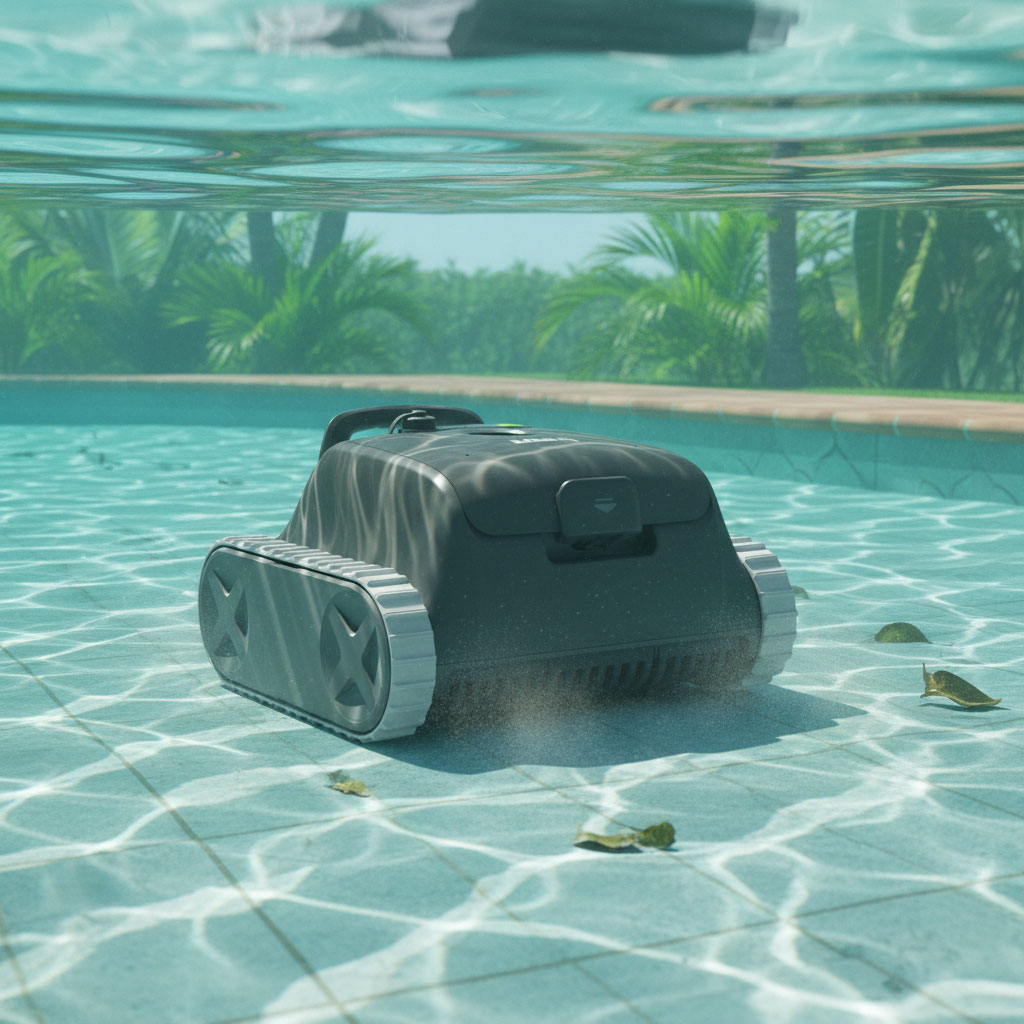 Das Bild zeigt einen automatisierten Roboter-Poolreiniger, der sich unter Wasser in einem gefliesten Schwimmbad befindet.