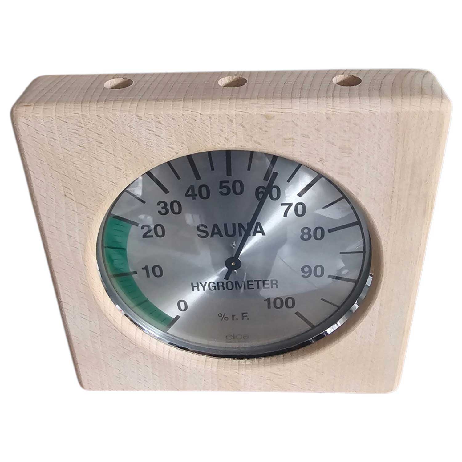 Ein quadratisches Sauna-Hygrometer aus Holz mit einem runden analogen Zifferblatt zur Messung der Luftfeuchtigkeit.