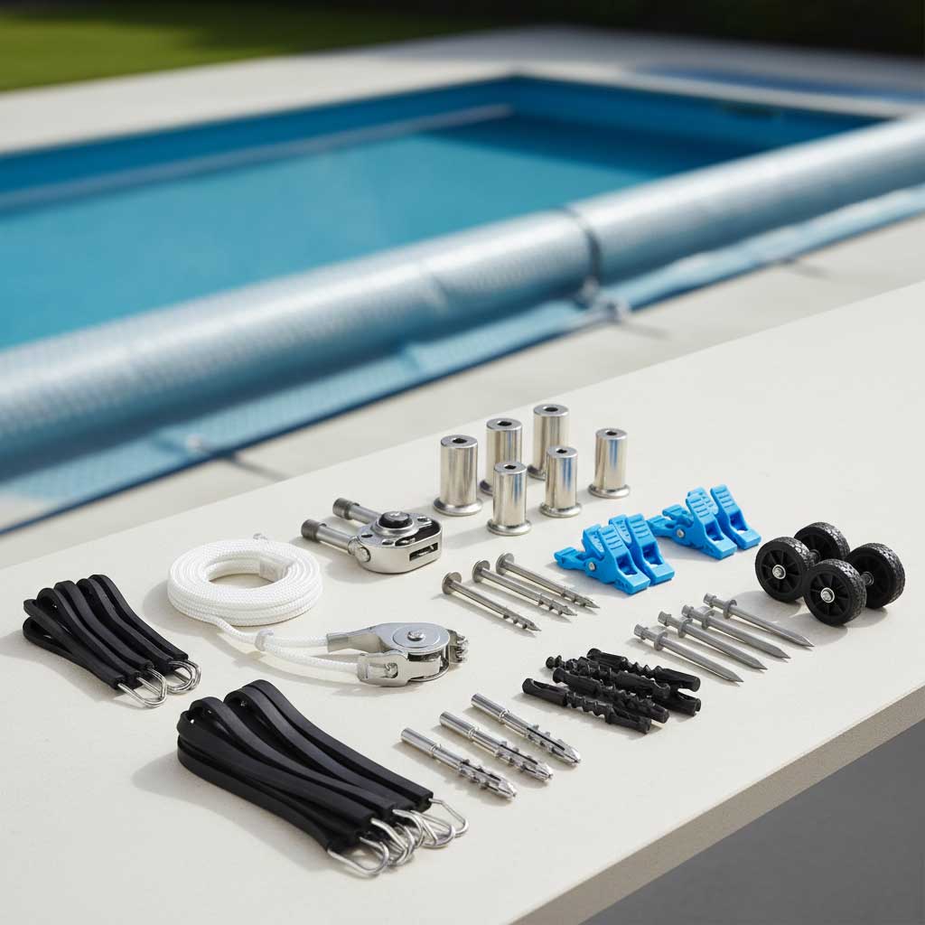 Das Bild zeigt einen Pool mit Sicherheitsabdeckung und in der Nähe ausgestellten Komponenten des Abdecksystems.