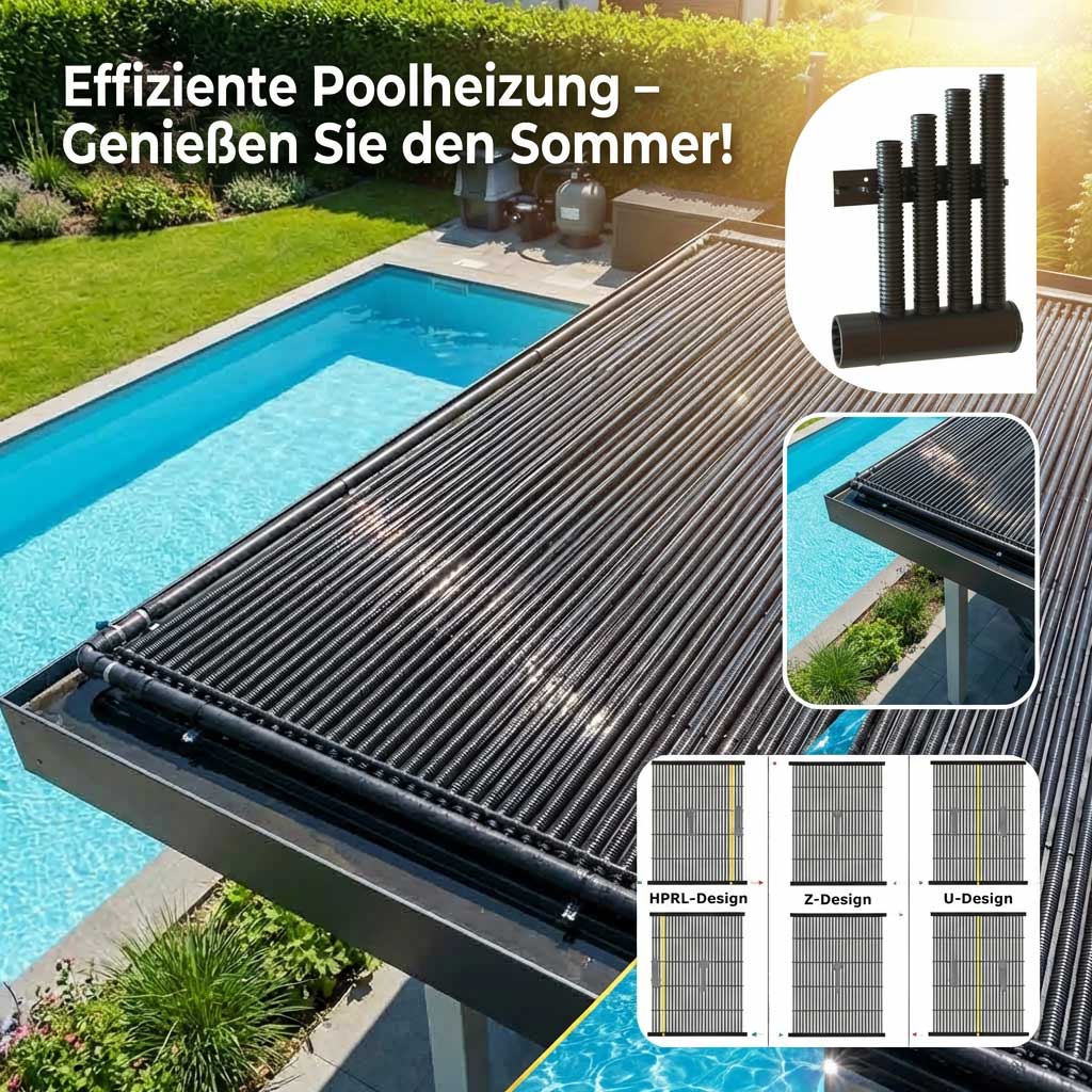 Solar-Poolheizung mit Effizienzrohren, installiert neben einem Schwimmbad.