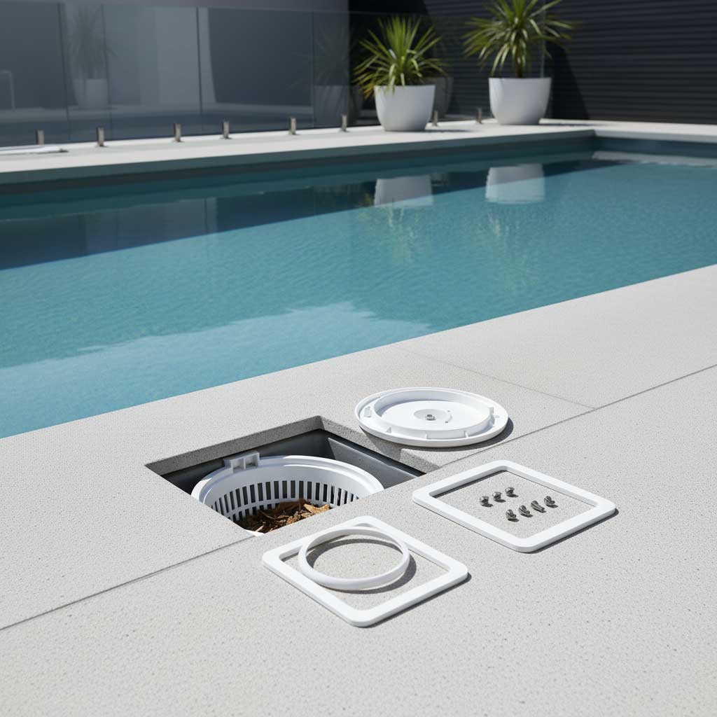 Skimmersystem mit in ein Pooldeck eingelassenem Schmutzkorb, umgeben von zerlegten weißen Komponenten.