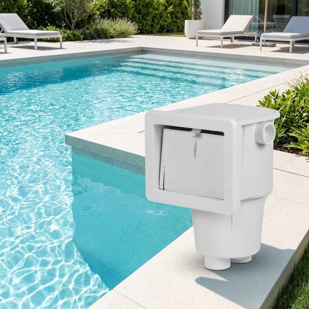 Weißer Poolskimmer mit rechteckiger Öffnung und kreisförmigem Rohranschluss, positioniert am Beckenrand.